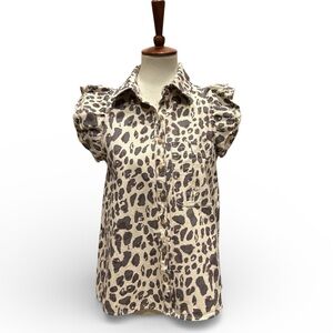 Entro Raw Hem Leopard Print Flutter Sleeve Button-Up Top New